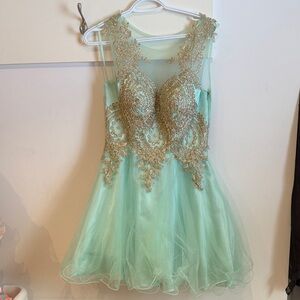 Elegant Mint Green Dress with Gold Embellishments